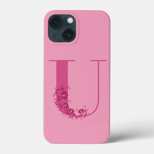 Monogram Roze Bloemen Letter U iPhone Case (Achterkant)