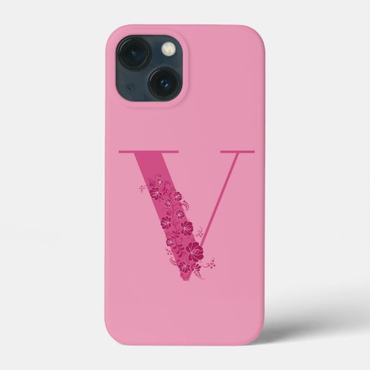 Monogram Roze Bloemen Letter V iPhone Case (Achterkant)
