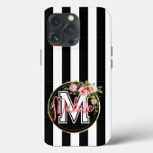 Monogram roze bloemen met zwarte en witte streep Case-Mate iPhone case (Achterkant)