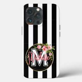 Monogram roze bloemen met zwarte en witte streep Case-Mate iPhone case