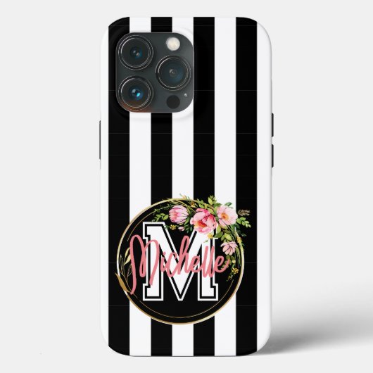 Monogram roze bloemen met zwarte en witte streep Case-Mate iPhone case (Achterkant)