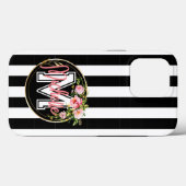 Monogram roze bloemen met zwarte en witte streep Case-Mate iPhone case (Achterkant (horizontaal))