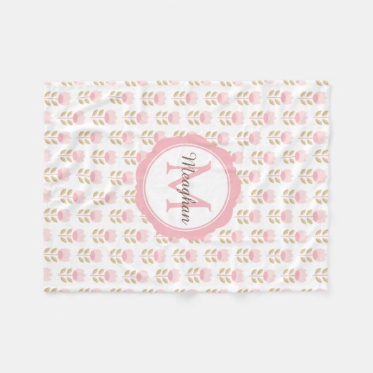 Monogram Roze Bloemen Patroon Baby Meisje Kwekerij Fleece Deken (Voorkant (Horizontaal))