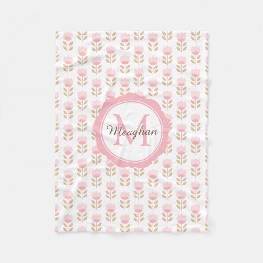 Monogram Roze Bloemen Patroon Baby Meisje Kwekerij Fleece Deken (Voorkant)
