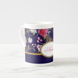 Monogram roze bloemen porselein kop