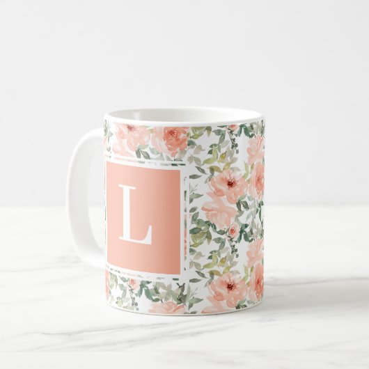 Monogram Roze  Bloemen Roos Koffiemok (Voorkant links)