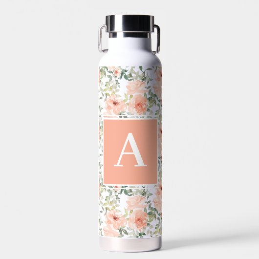 Monogram Roze Bloemen Roos Waterfles (Voorkant)