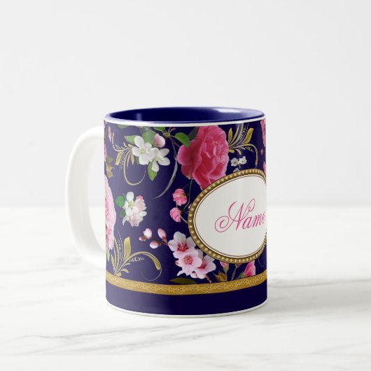 Monogram roze bloemen tweekleurige koffiemok (Voorkant links)
