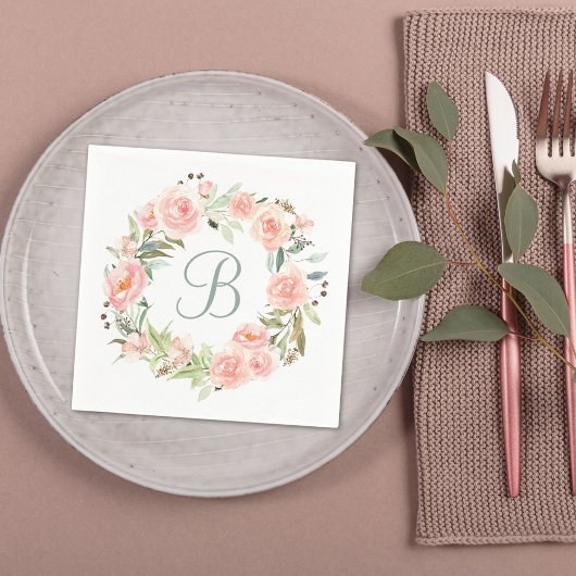 Monogram Roze Bloemenkrans Servet