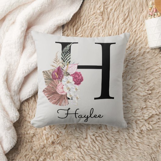 Monogram roze bloemig Initiaal H Kussen (Deken)