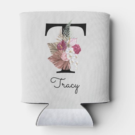 Monogram roze bloemig Initiaal T Blikjeskoeler (Achterkant)