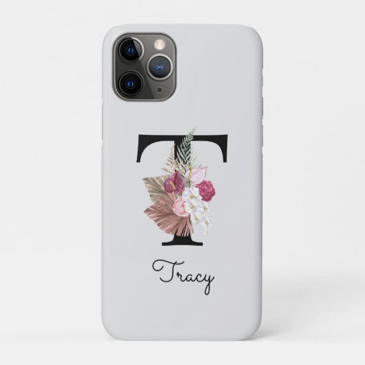 Monogram roze bloemig Initiaal T Case-Mate iPhone Case (Achterkant)