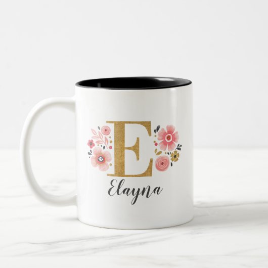 Monogram roze bloemige letter E Tweekleurige Koffiemok (Links)