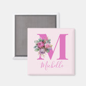 Monogram Roze Bloemige Waterverf Initiële Naam Magneet (Voorkant / Achterkant)