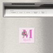 Monogram Roze Bloemige Waterverf Initiële Naam Magneet (Insitu (Vaatwasser))