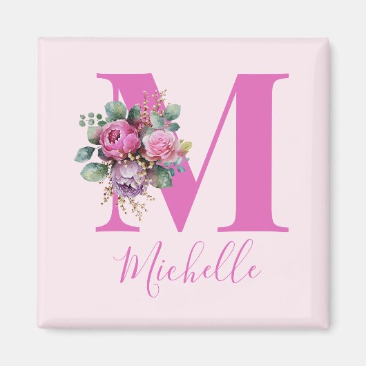 Monogram Roze Bloemige Waterverf Initiële Naam Magneet (Voorkant)