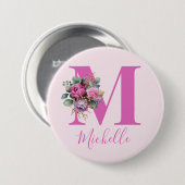 Monogram Roze Bloemige Waterverf Initiële Naam Ronde Button 7,6 Cm (Voorkant /achterkant)