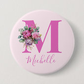 Monogram Roze Bloemige Waterverf Initiële Naam Ronde Button 7,6 Cm (Voorkant)