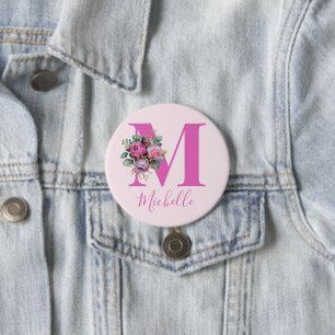 Monogram Roze Bloemige Waterverf Initiële Naam Ronde Button 7,6 Cm