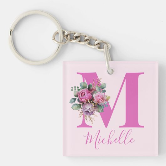 Monogram Roze Bloemige Waterverf Initiële Naam Sleutelhanger (voorkant)