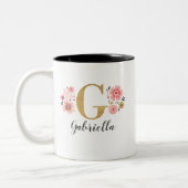 Monogram Roze Bloemletter G Tweekleurige Koffiemok (Links)