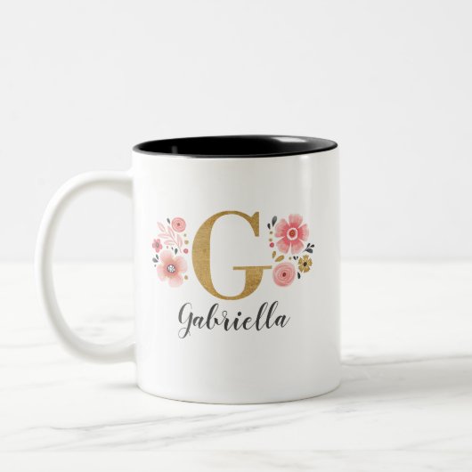 Monogram Roze Bloemletter G Tweekleurige Koffiemok (Links)