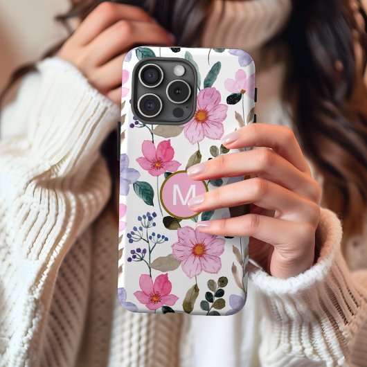 Monogram roze bloempatroon iPhone hoesje iPhone 16 Hoesje