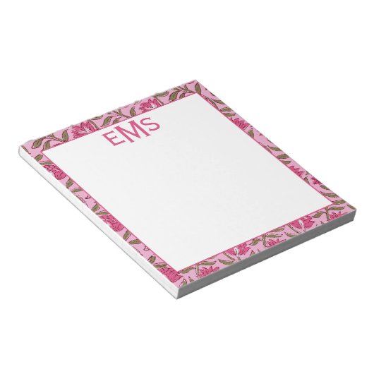 Monogram Roze Blok Print, Bloemen Notitieblok (Schuin)