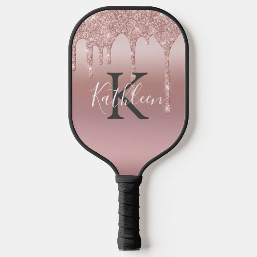 Monogram Roze Blush Roze Goud Druppelende Glitter Pickleball Paddle (Voorkant)