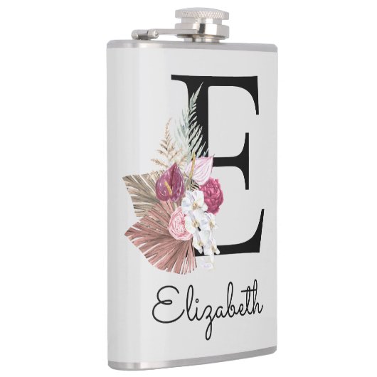 Monogram Roze Boho Bloem Initial E Heupfles (Rechts)