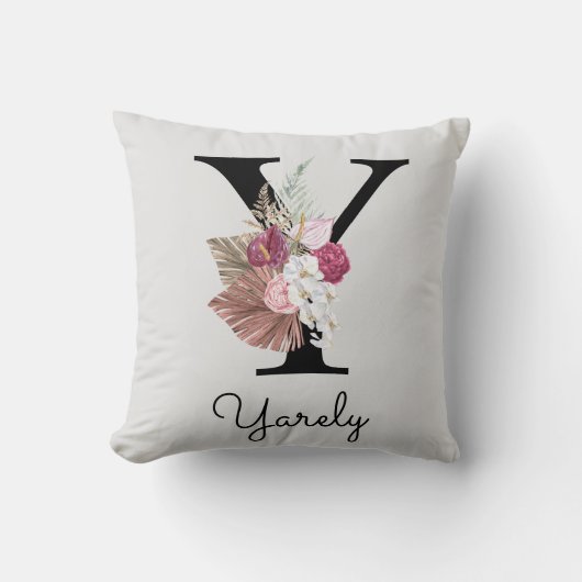 Monogram Roze Boho Bloem Initial Y Kussen (Voorkant)
