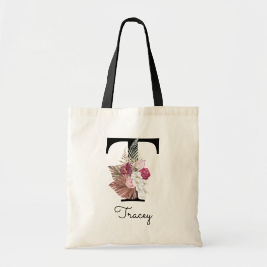 Monogram Roze Boho Bloem Initialen T Tote Tas (Voorkant)