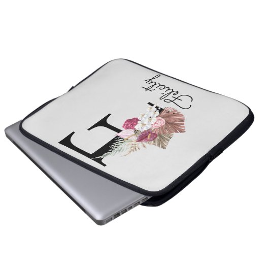 Monogram Roze Boho Bloemen Initiaal F Laptop Sleeve (Voorkant onderkant)