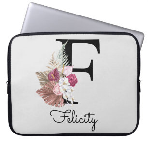 Monogram Roze Boho Bloemen Initiaal F Laptop Sleeve