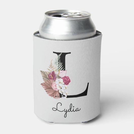 Monogram Roze Boho Bloemen Initiaal L Blikjeskoeler (Blikje Voorkant)