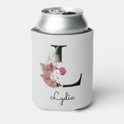 Monogram Roze Boho Bloemen Initiaal L Blikjeskoeler (Blikje Achterkant)