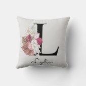 Monogram Roze Boho Bloemen Initiaal L Kussen (Achterkant)