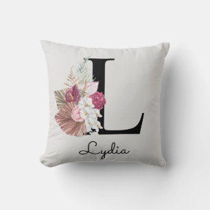 Monogram Roze Boho Bloemen Initiaal L Kussen