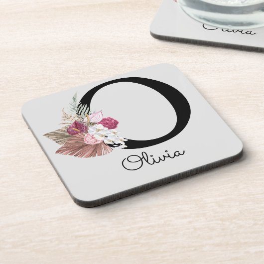 Monogram Roze Boho Bloemen Initiaal O Bier Onderzetter (Linkerzijde)