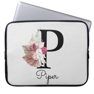 Monogram Roze Boho Bloemen Initiaal P Laptop Sleeve
