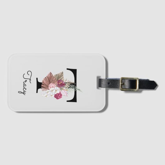 Monogram roze Boho bloemig Initiaal T Bagagelabel (Voorkant (horizontaal))