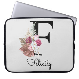 Monogram Roze Boho Bloemige Initiaal F Laptop Sleeve