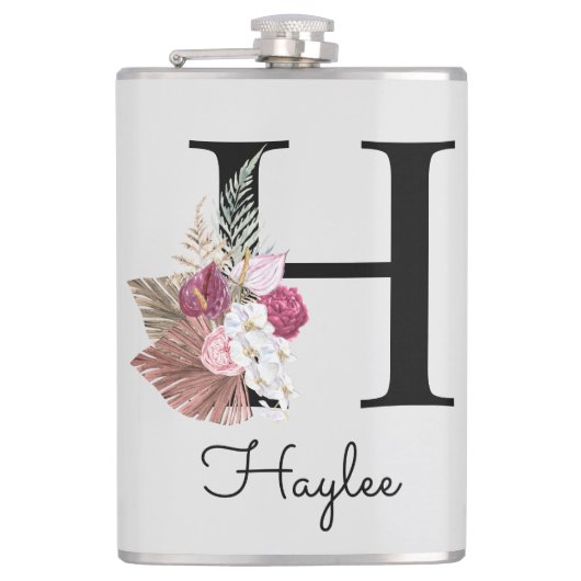 Monogram Roze Boho Bloemige Initiaal H Heupfles (Voorkant)