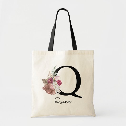 Monogram Roze Boho Bloemstuk Initiaal Q Tote Bag (Voorkant)