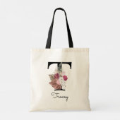 Monogram Roze Boho Bloemstuk Initiële T Tote Tas (Achterkant)