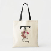 Monogram Roze Boho Bloemstuk Initiële T Tote Tas (Voorkant)