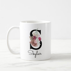 Monogram roze Boho Floral Initiaal S Koffiemok