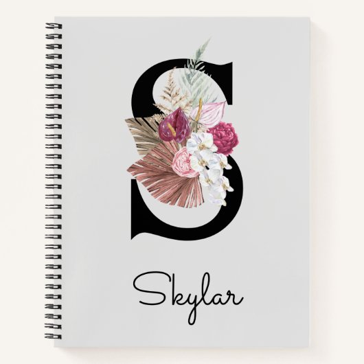 Monogram roze Boho Floral Initiaal S Notitieboek (Voorkant)