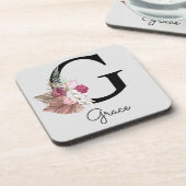 Monogram Roze Boho Girly Floral Initiaal G Bier Onderzetter (Linkerzijde)