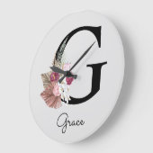 Monogram Roze Boho Girly Floral Initiaal G Grote Klok (Hoek)